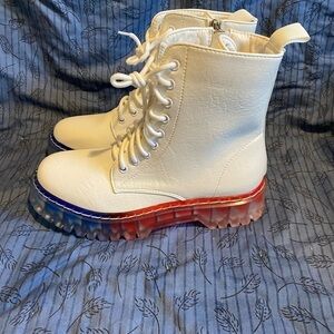 Wanted faux leather blue and red hombre soled combat boot 7
